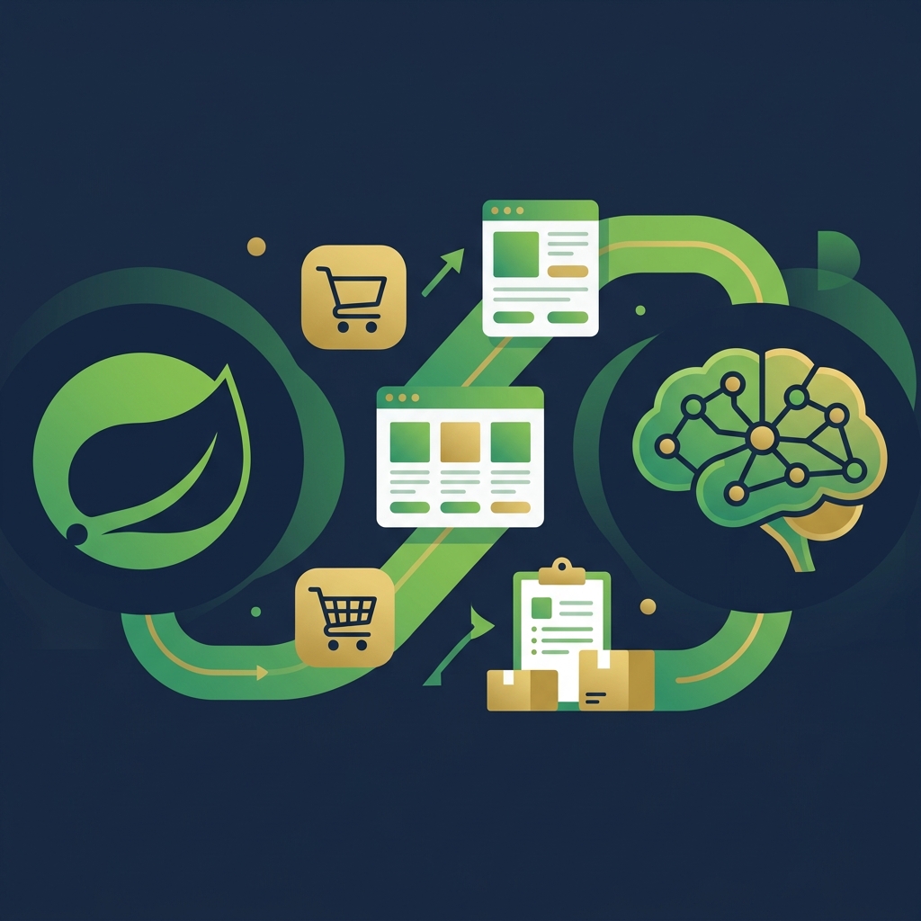 Spring AI framework connected to an LLM brain with e-commerce elements like shopping carts and product catalogs